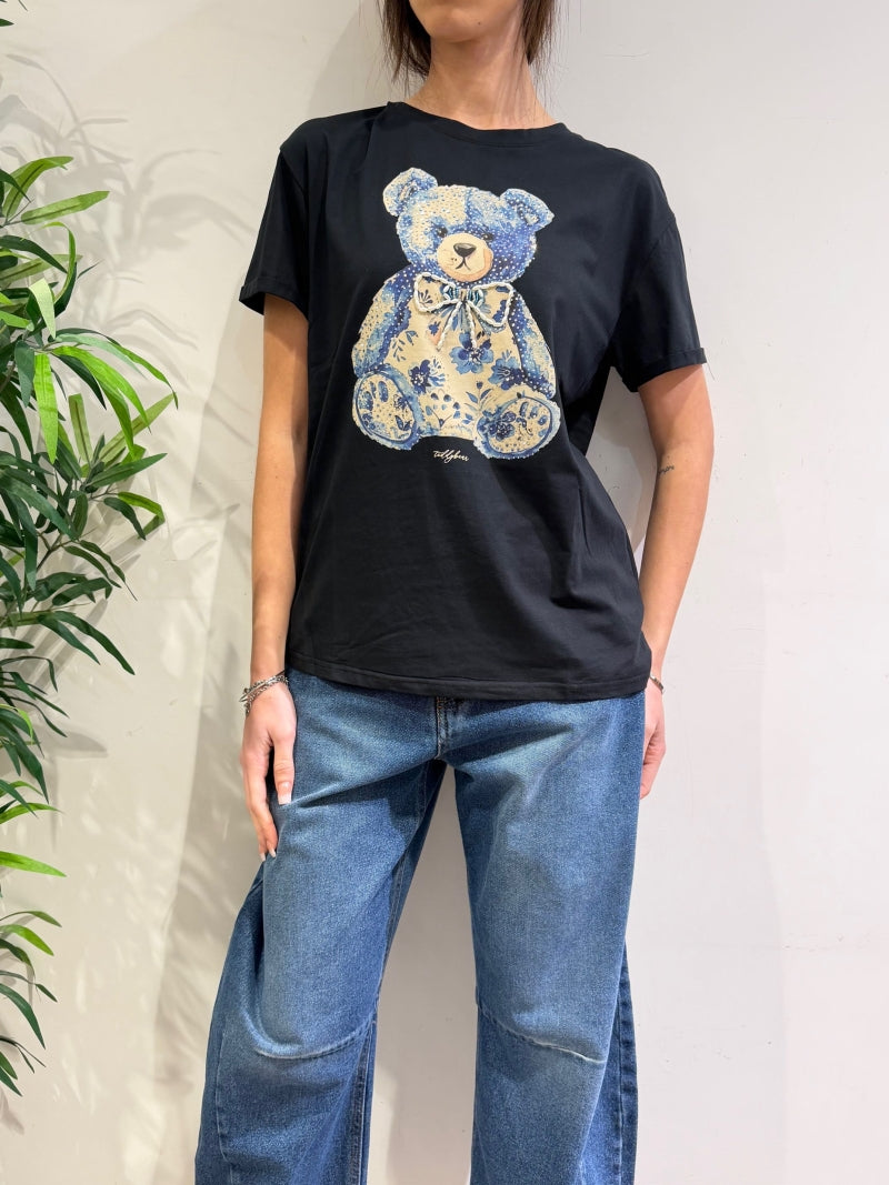 Le Streghe - T-Shirt teddy floreale con strass e perle nera