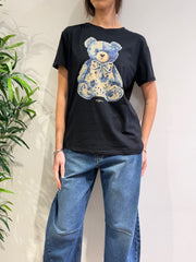 Le Streghe - T-Shirt teddy floreale con strass e perle nera