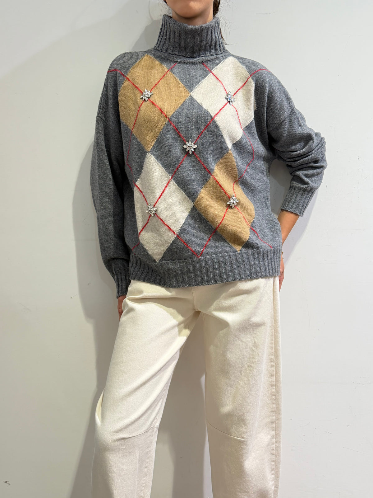 Kontatto - Maglia collo alto rombi con strass grigia