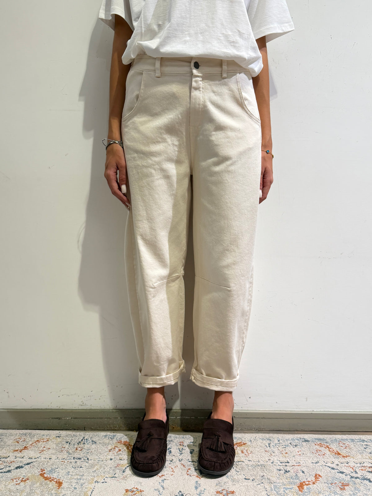 Motel - Pantalone barrel panna