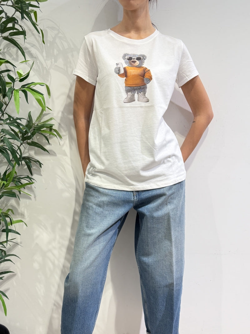 Vicolo - T-Shirt orso strass cellulare bianca