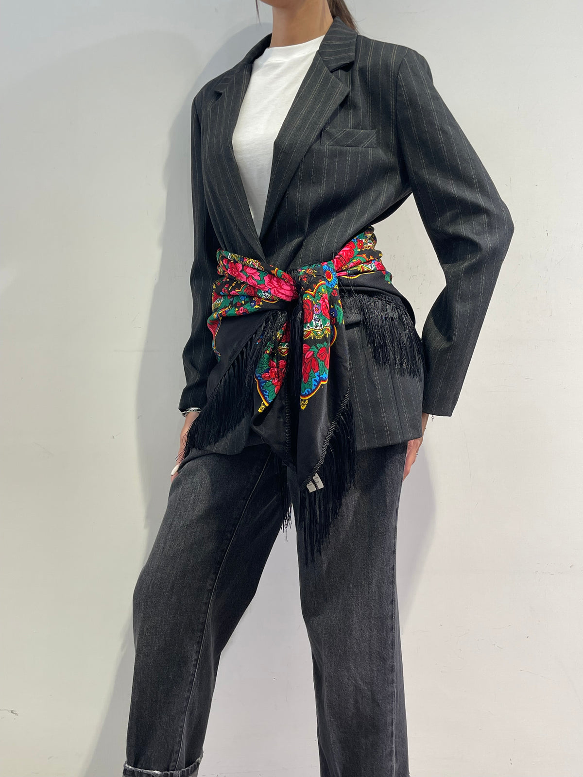 Dixie - Giacca gessata con foulard - grigio