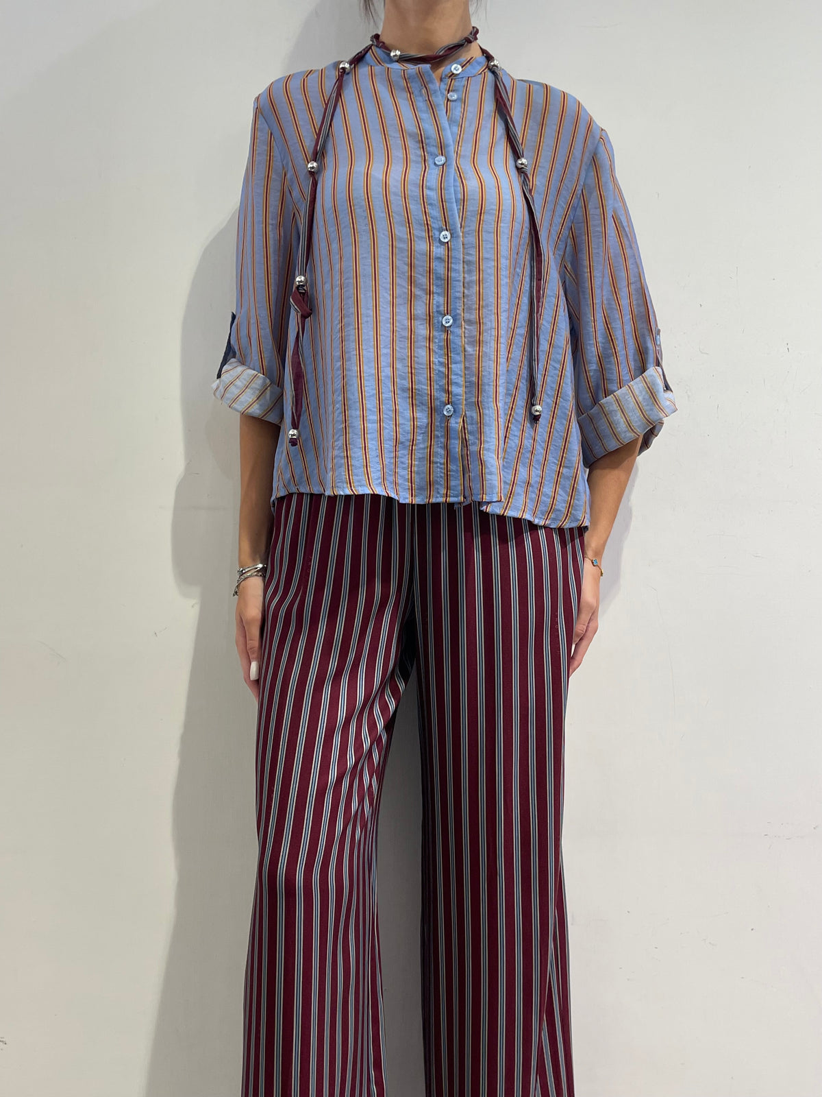 Haveone - Camicia a righe in mussola con collana - celeste