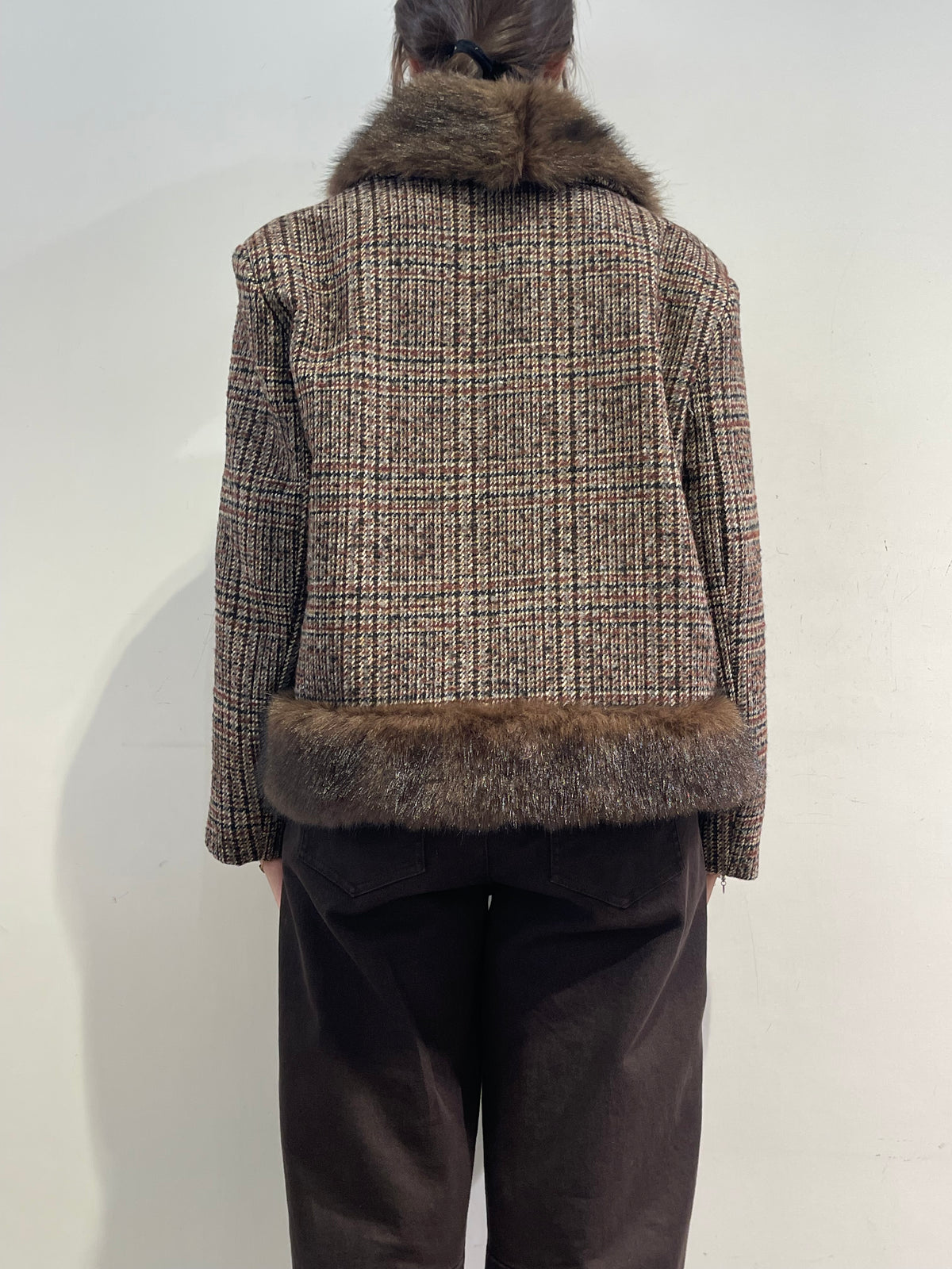 Tensione In - Giacca tweed con ecopelliccia moro