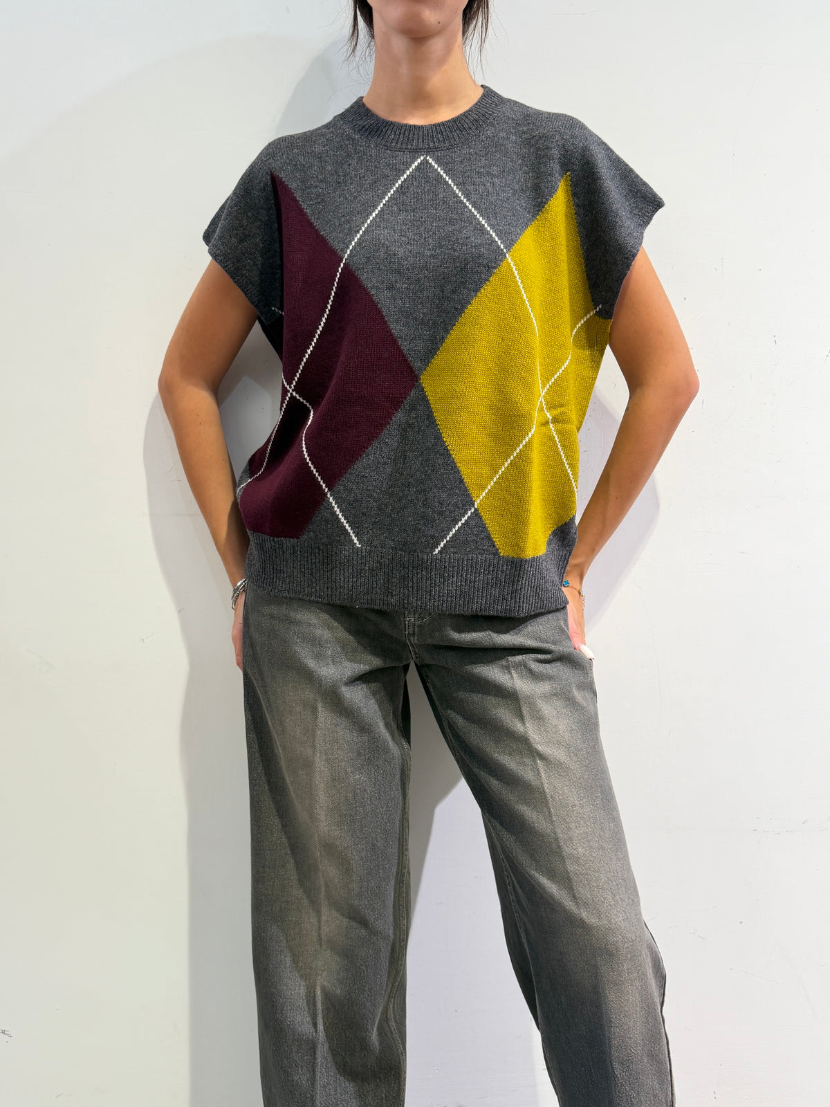 Vicolo - Maglia gilet rombi grigia