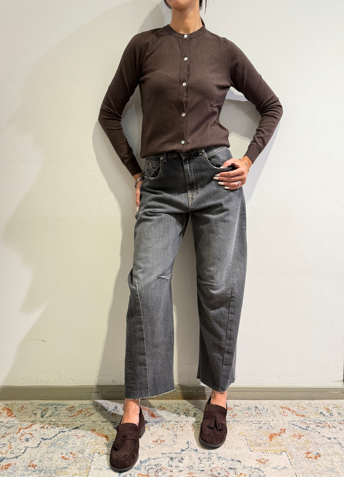 Haveone - Cardigan golfino girocollo moro