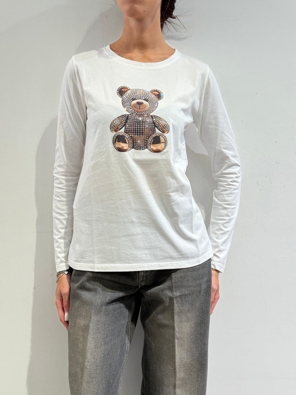 Vicolo - T-Shirt manica lunga orso strass bianca