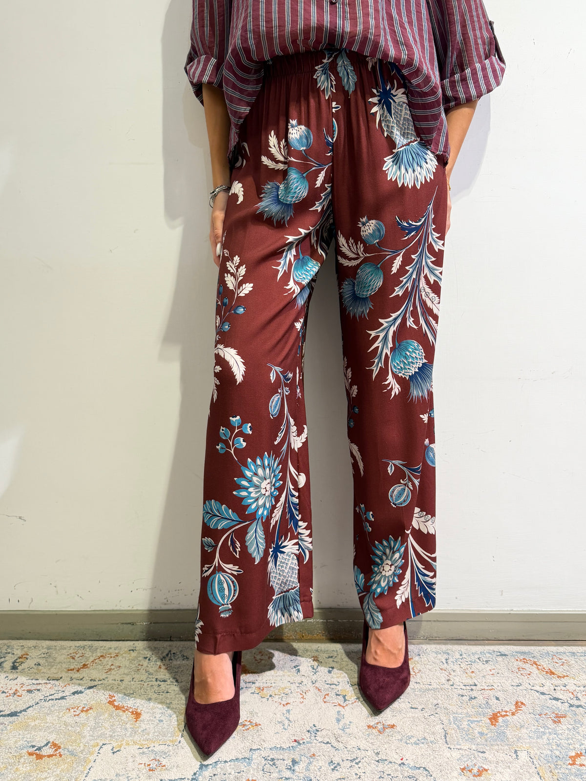 Haveone - Pantalone fantasia floreale bordeaux