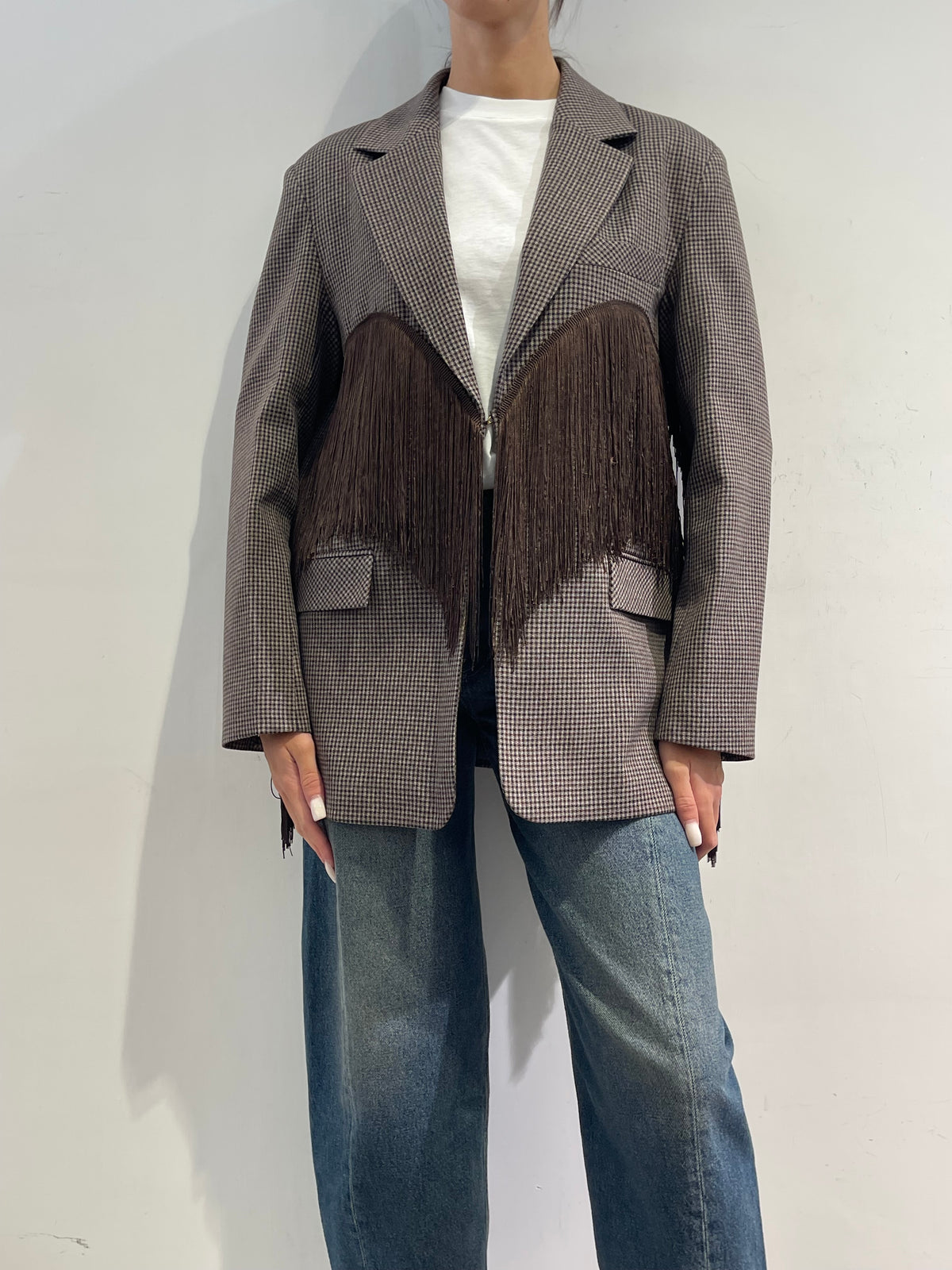 Dixie - Giacca quadretto con frange moro