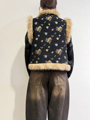 Philia Loft - Gilet con ecopelliccia ricami floreale nero