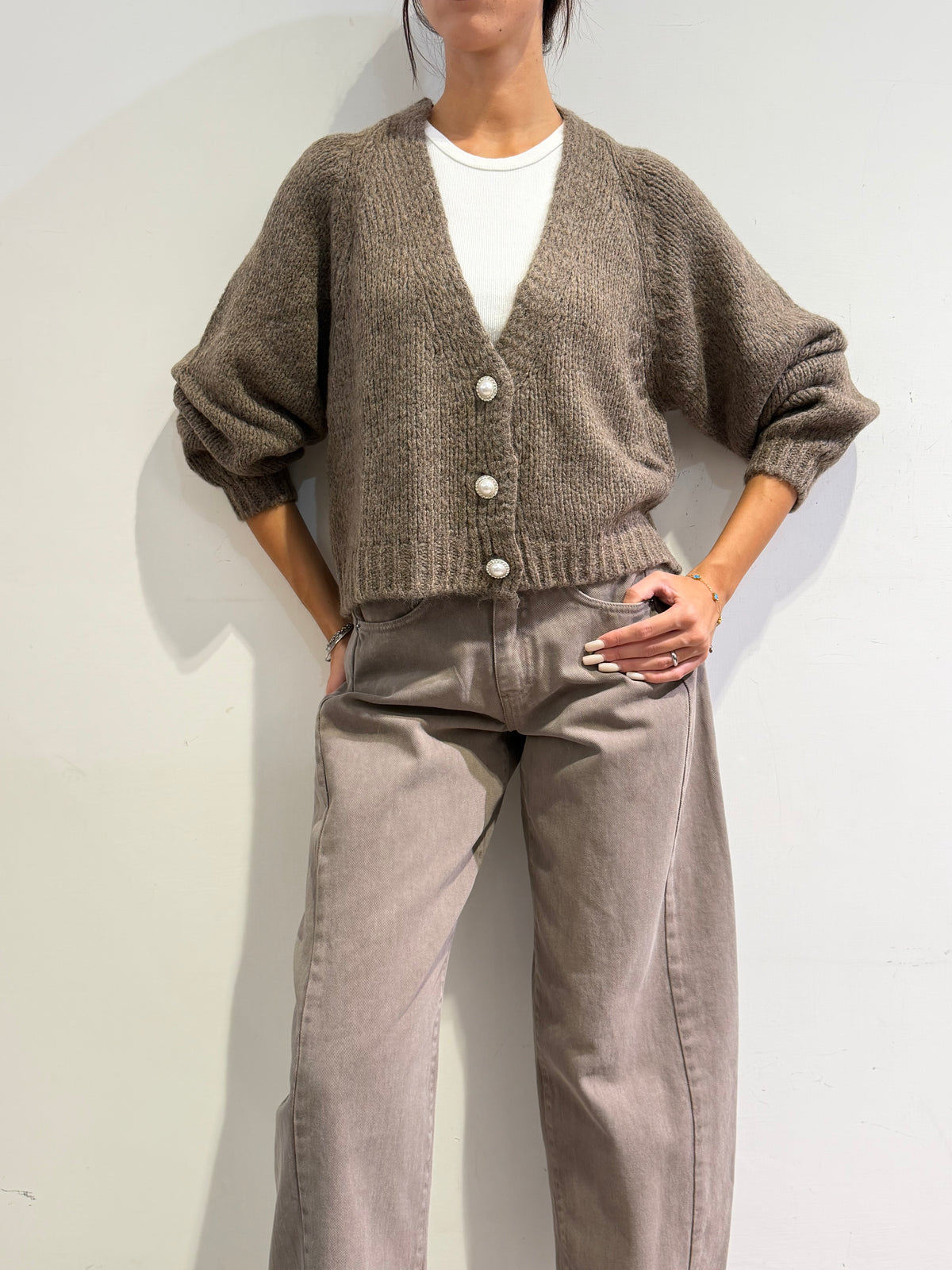 Haveone - Cardigan bottone perla fango