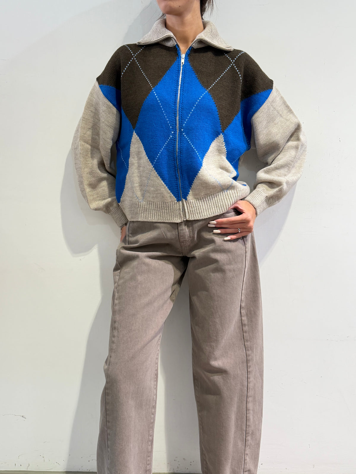 Haveone - Cardigan disegno rombi beige