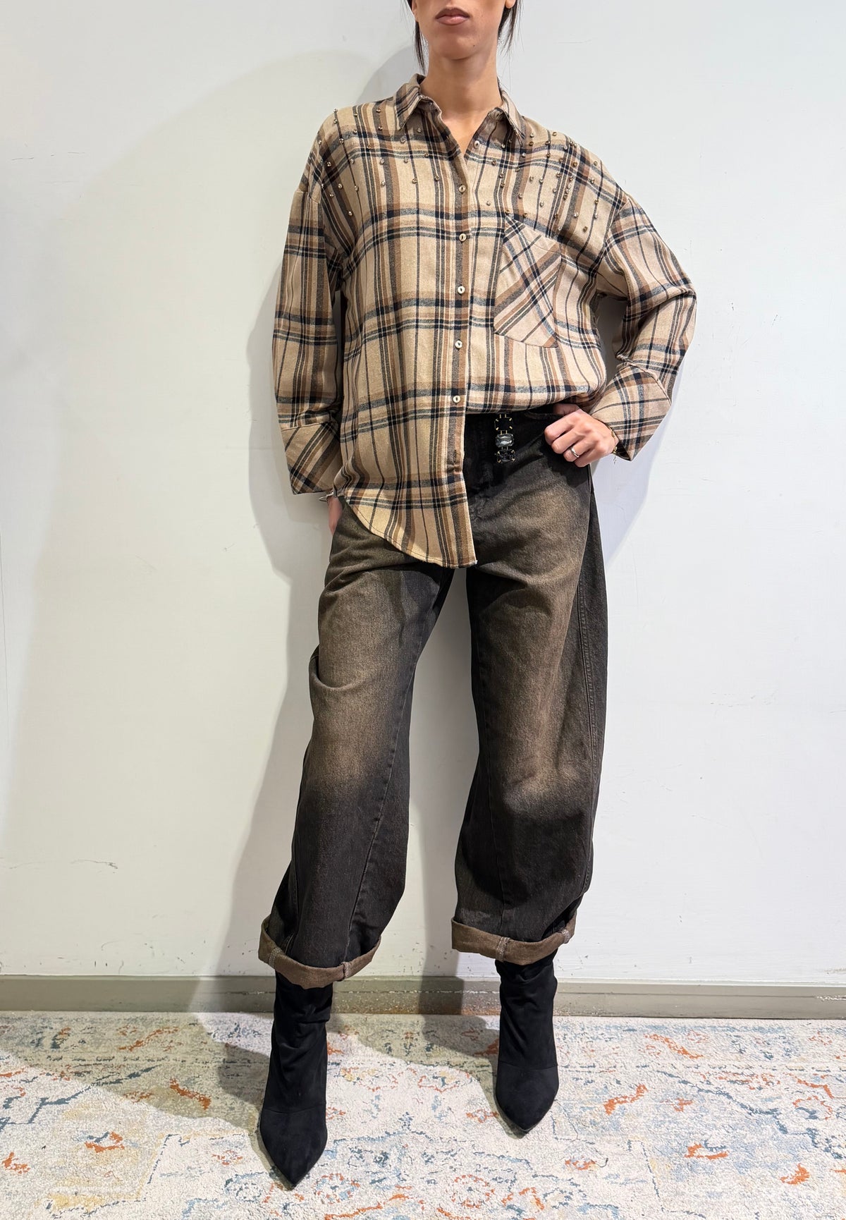Dixie - Camicia a quadri con borchie cammello