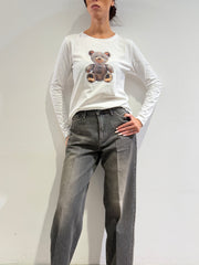 Vicolo - T-Shirt manica lunga orso strass bianca