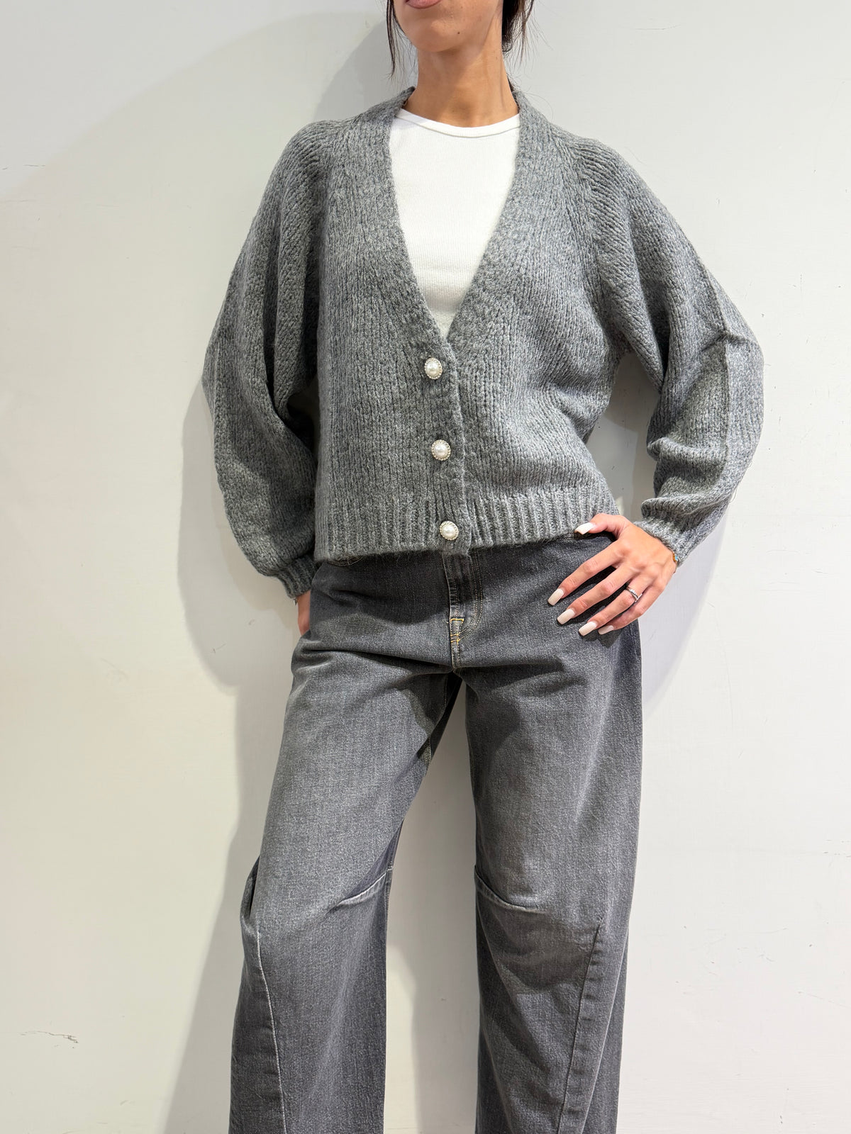 Haveone - Cardigan bottone perla grigio