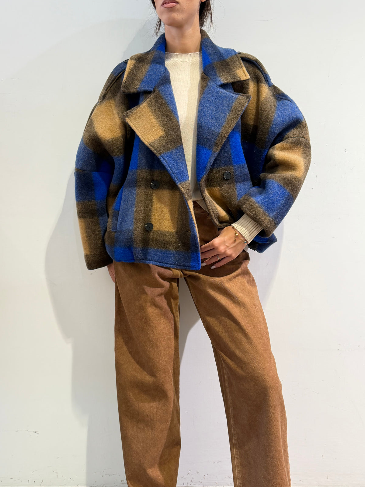 Haveone - Giacca cappotto check blu royal