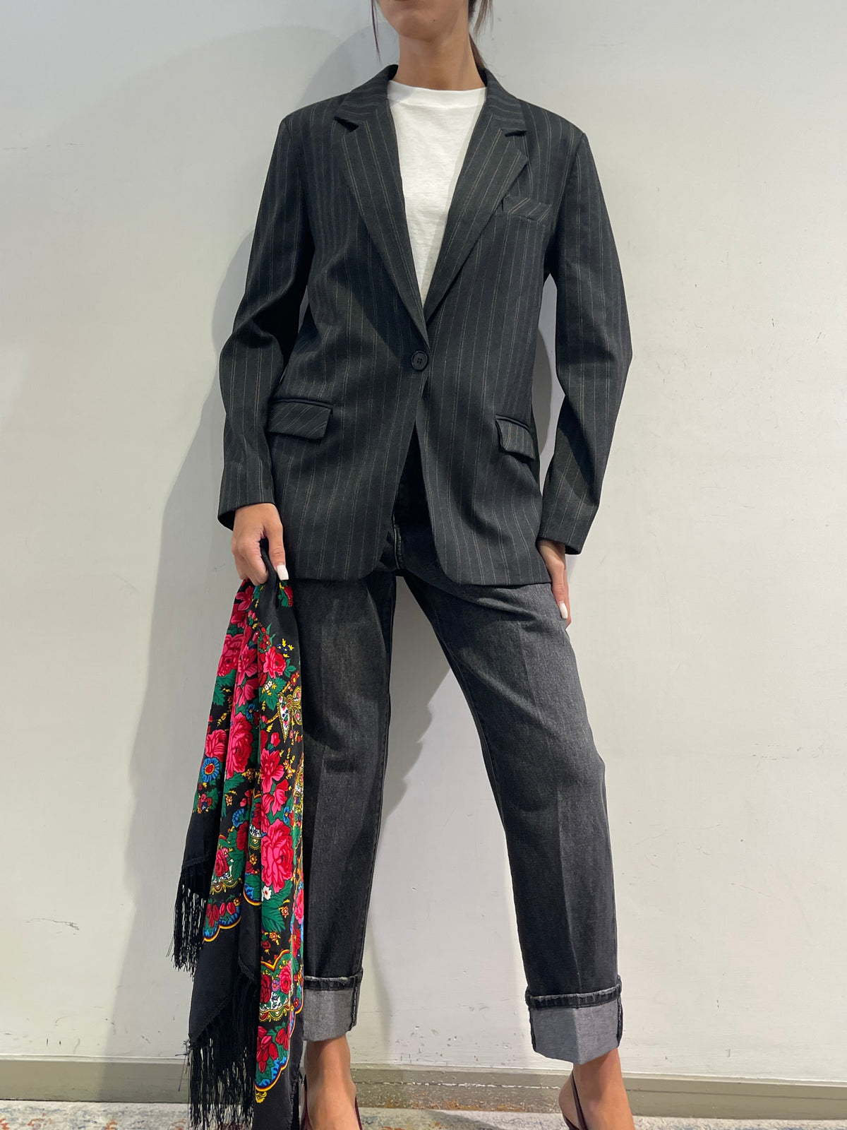 Dixie - Giacca gessata con foulard - grigio