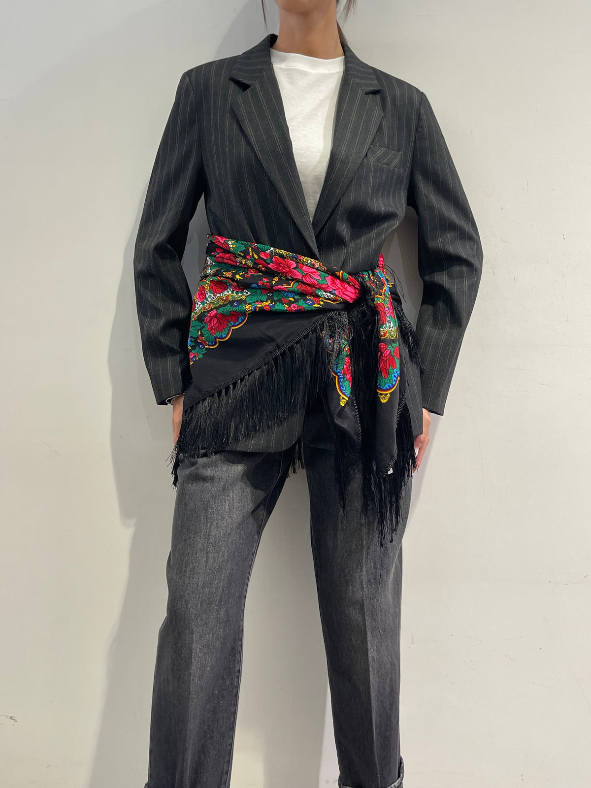Dixie - Giacca gessata con foulard - grigio