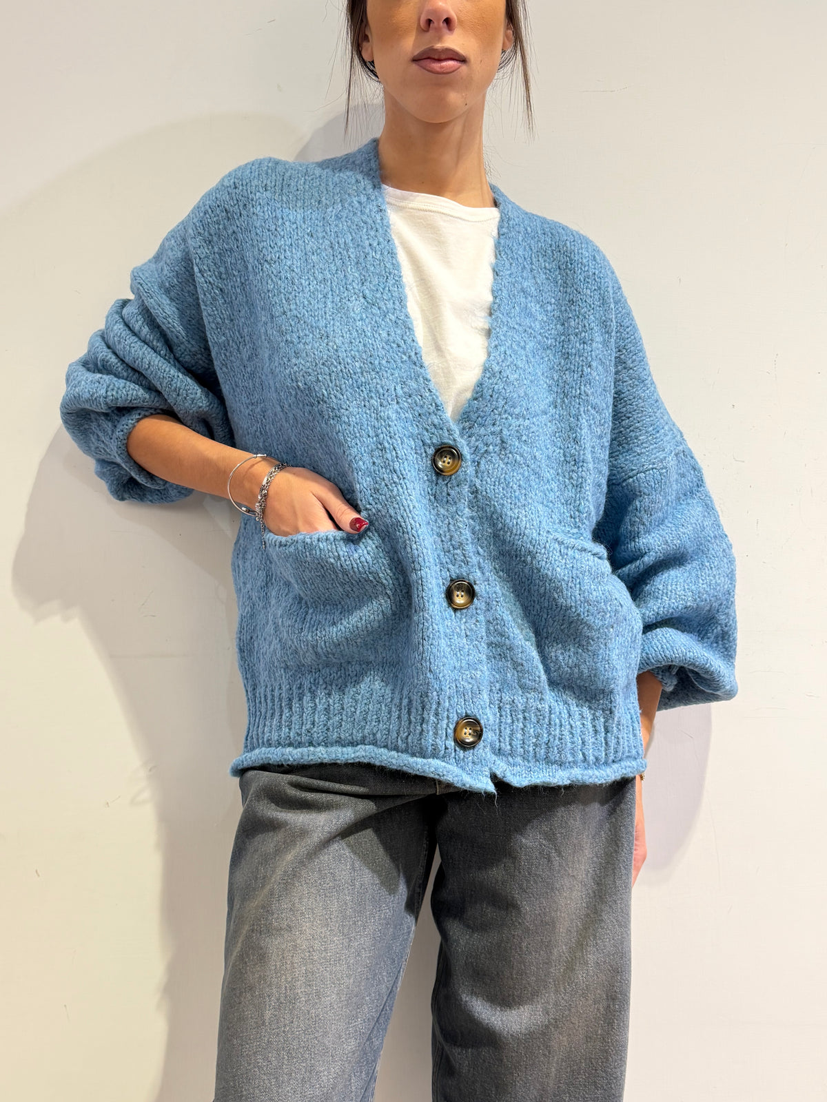Haveone - Cardigan misto alpaca con tasche - Celeste