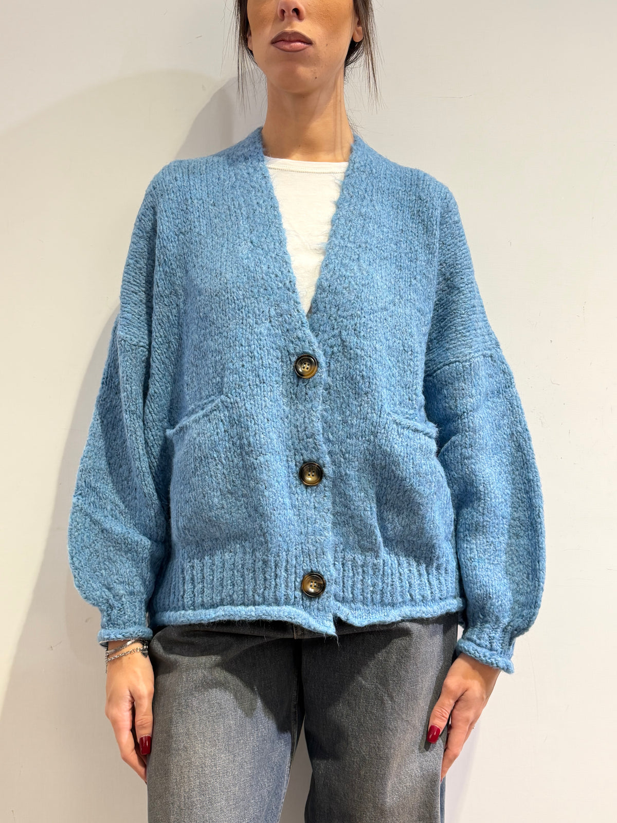 Haveone - Cardigan misto alpaca con tasche - Celeste