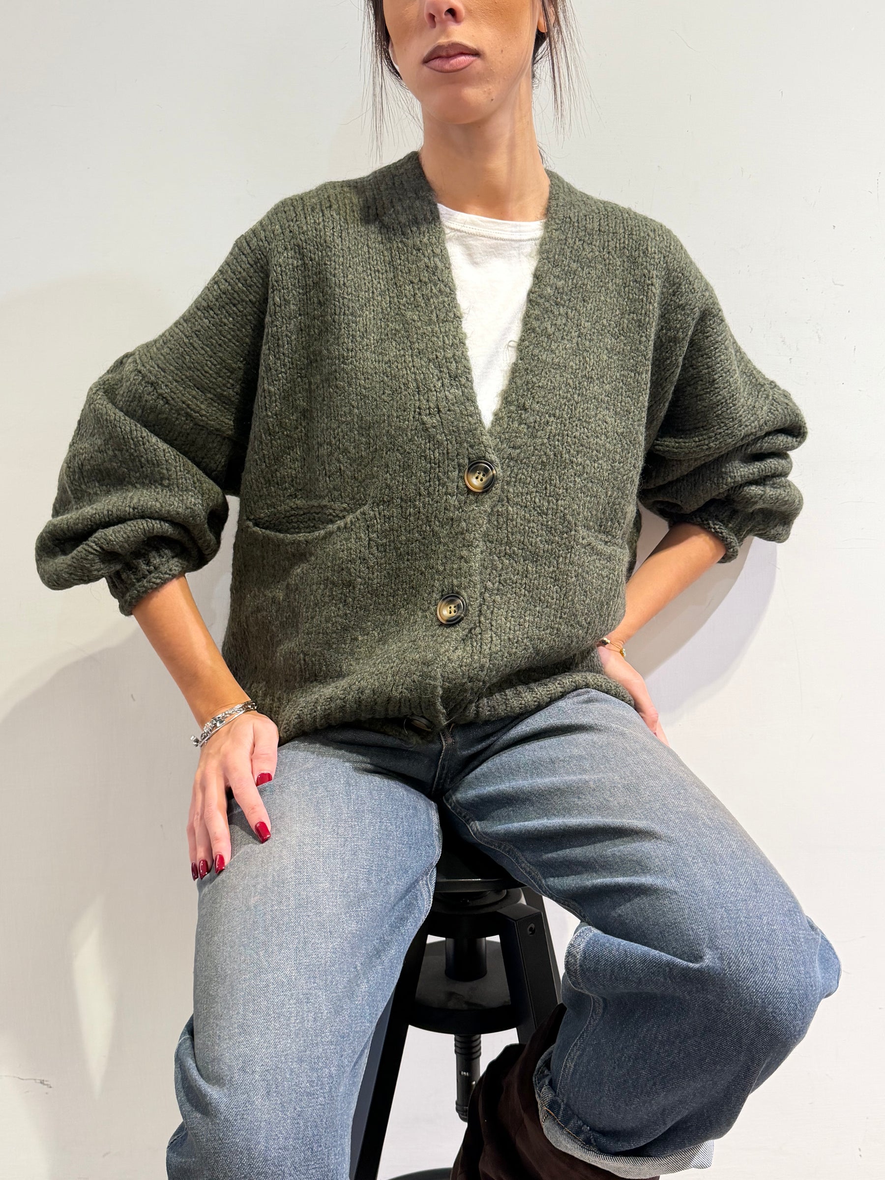 Haveone - Cardigan misto alpaca con tasche - Verde militare