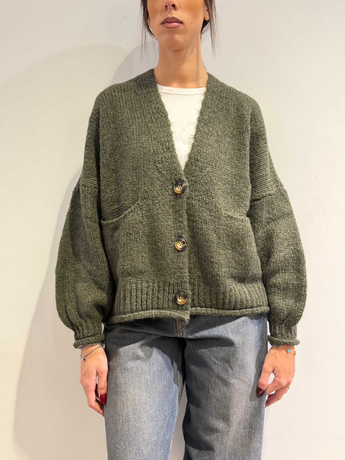 Haveone - Cardigan misto alpaca con tasche - Verde militare