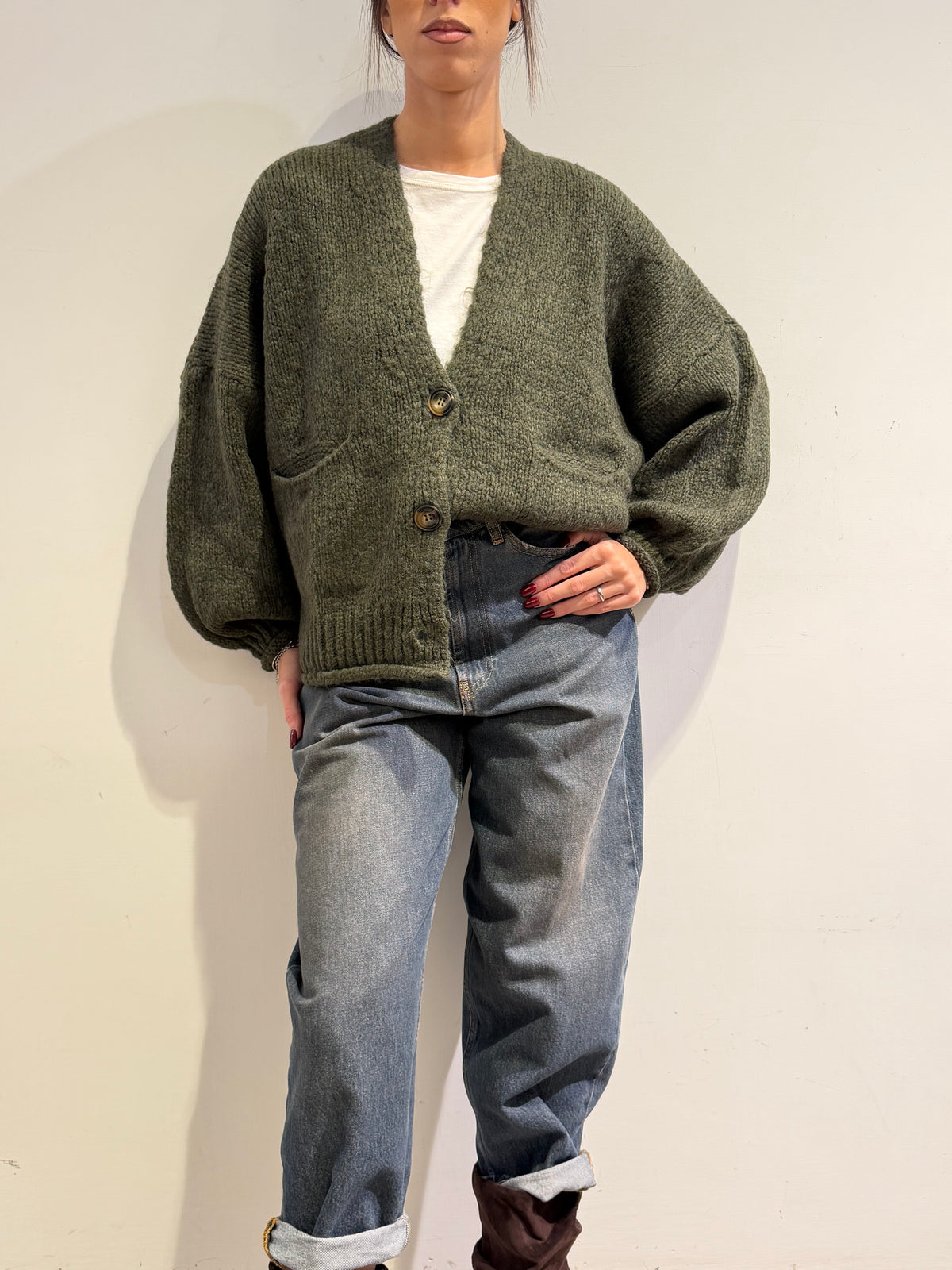 Haveone - Cardigan misto alpaca con tasche - Verde militare