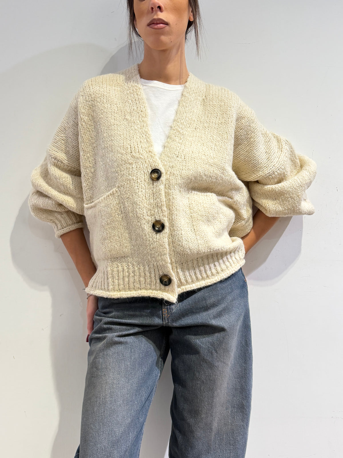 Haveone - Cardigan misto alpaca con tasche - Panna