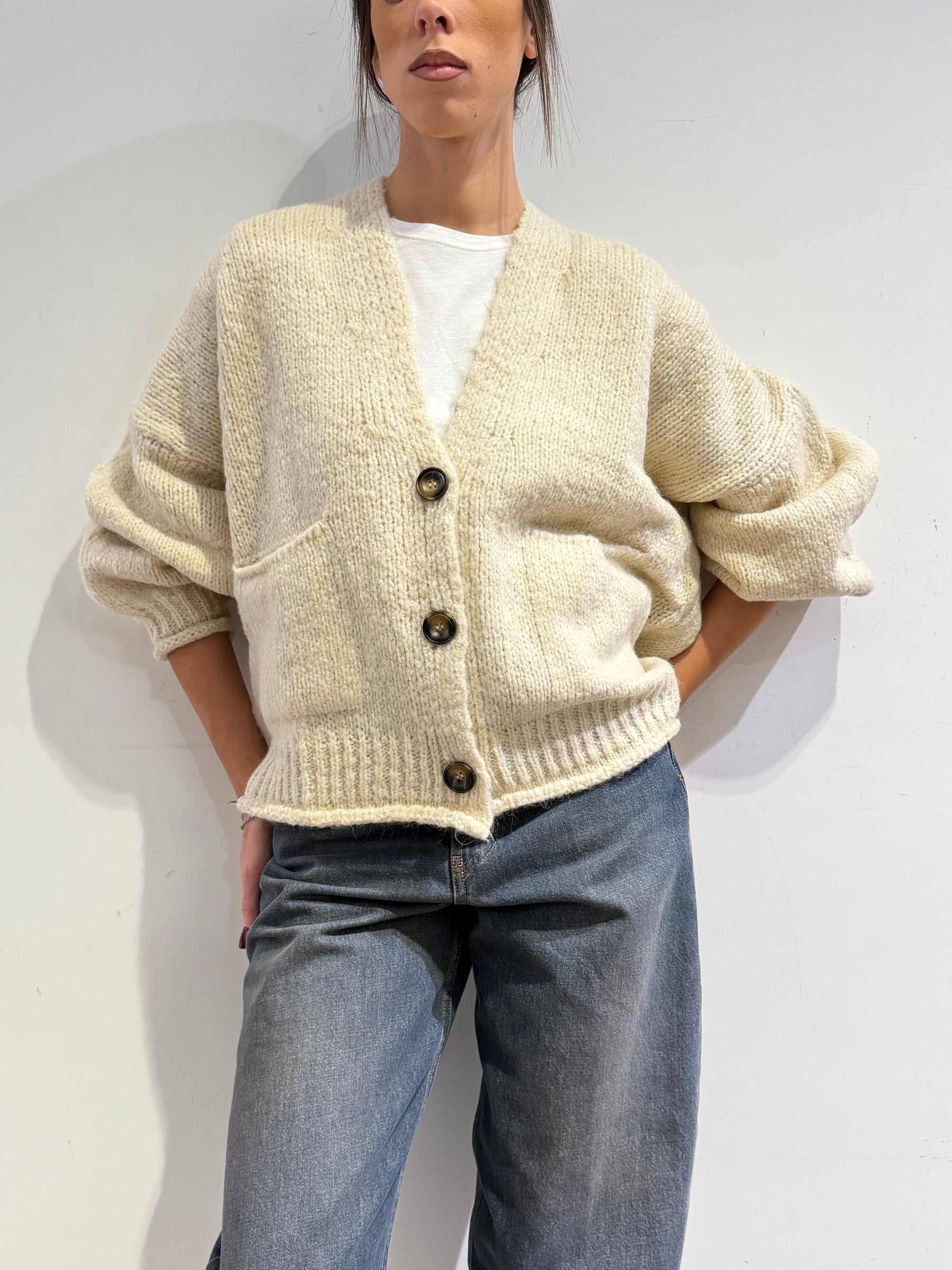 Haveone - Cardigan misto alpaca con tasche - Panna