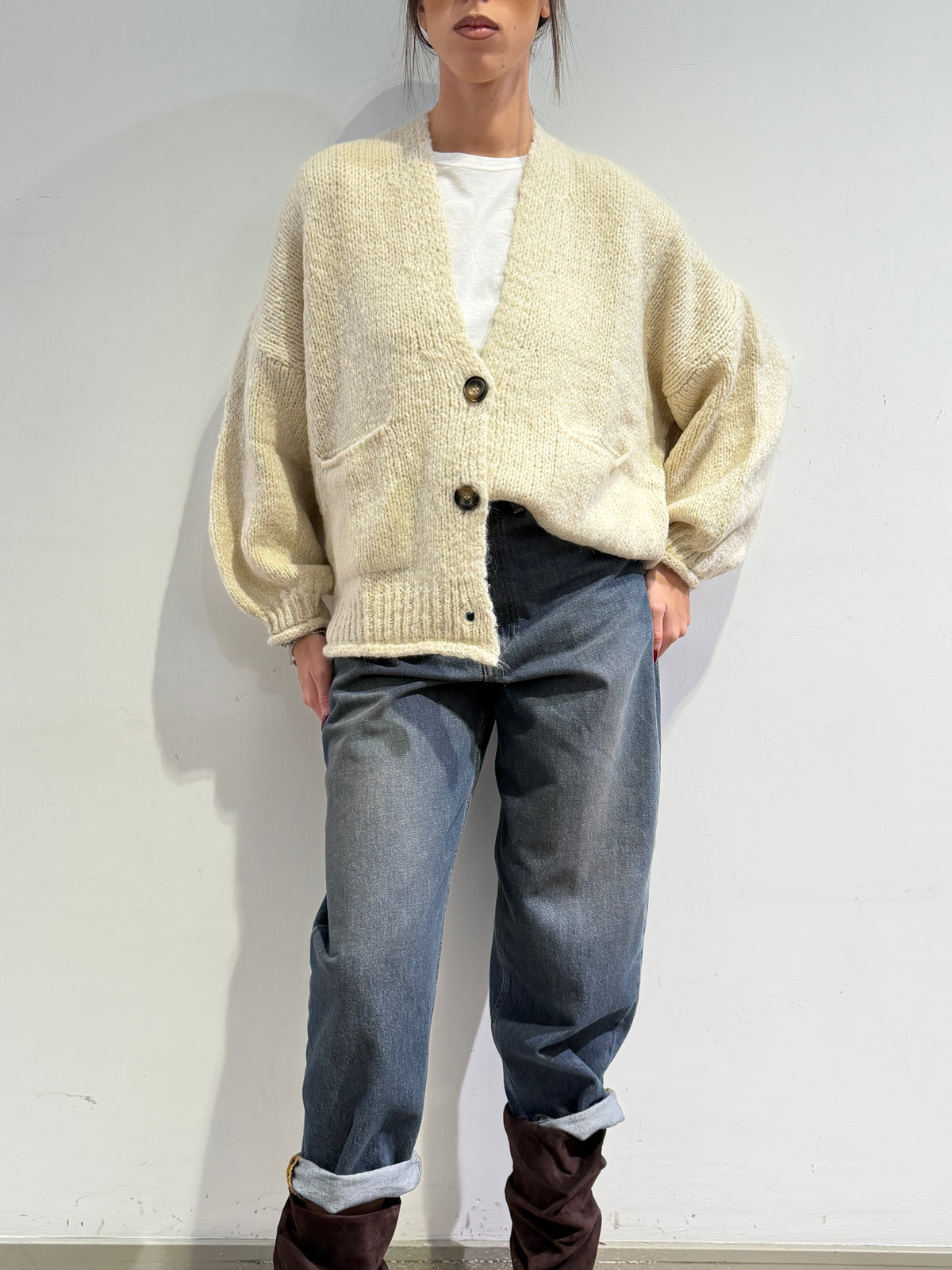 Haveone - Cardigan misto alpaca con tasche - Panna
