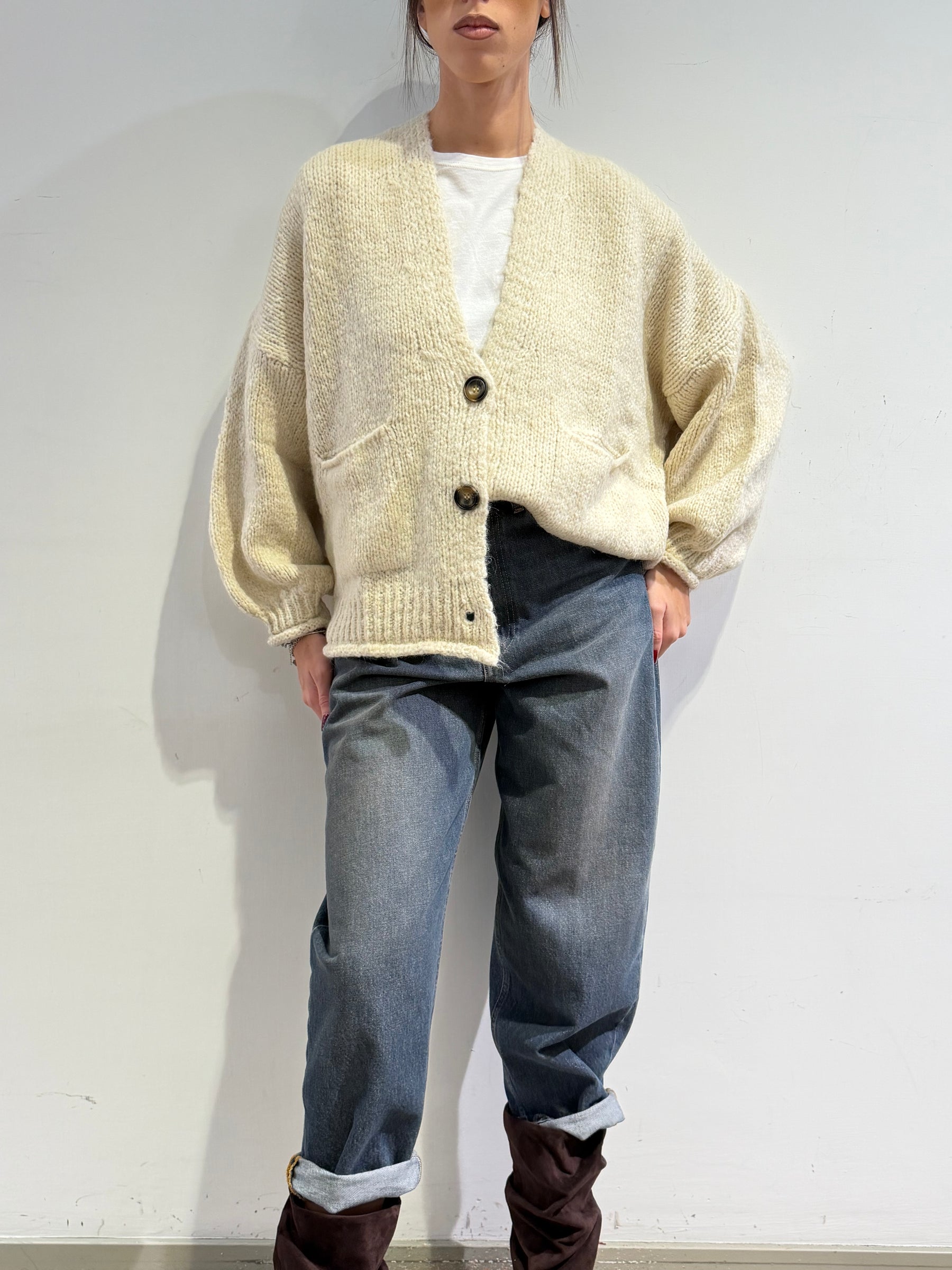 Haveone - Cardigan misto alpaca con tasche - Panna
