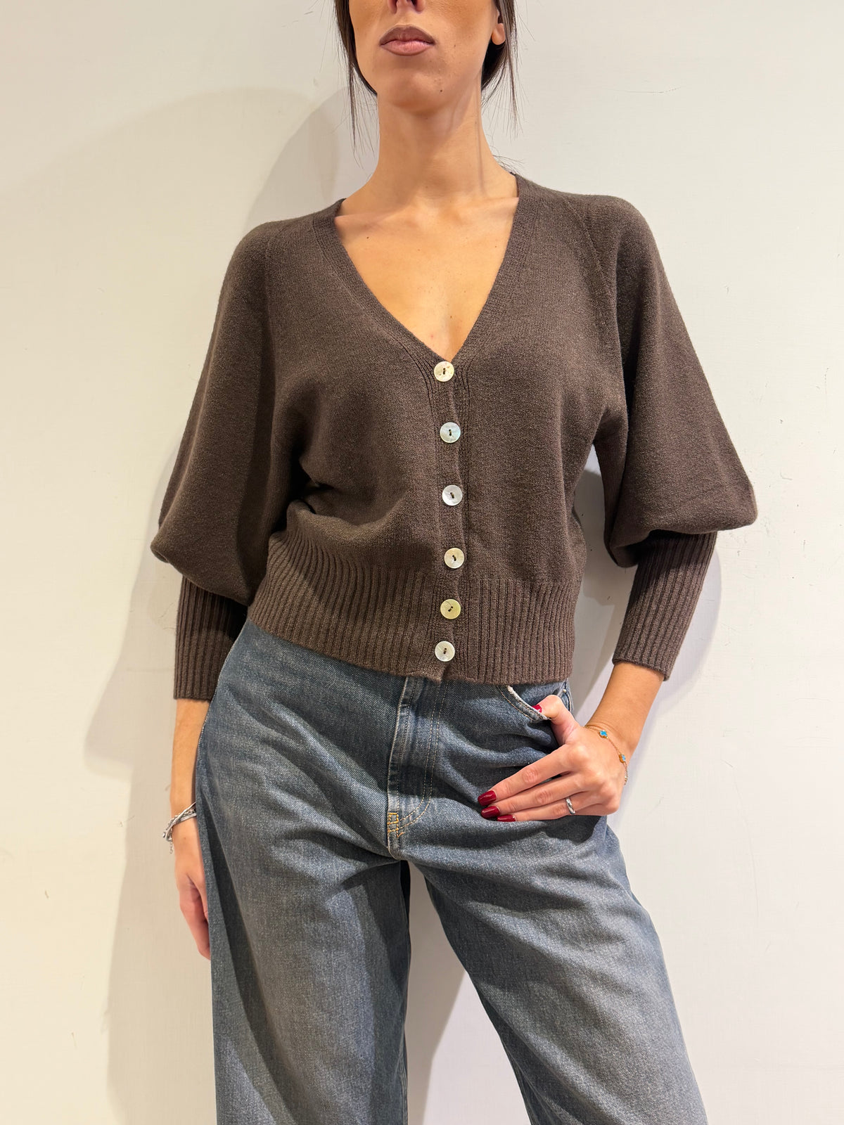Haveone - Cardigan manica palloncino moro