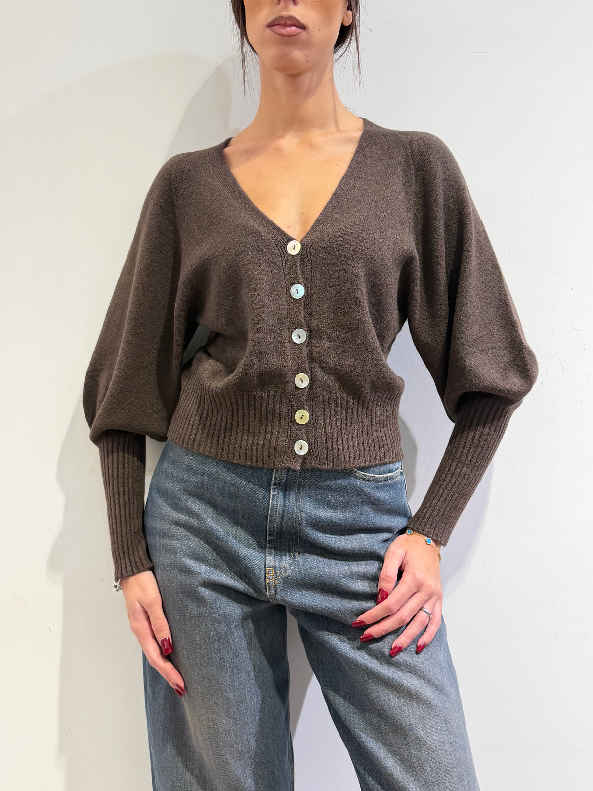 Haveone - Cardigan manica palloncino moro