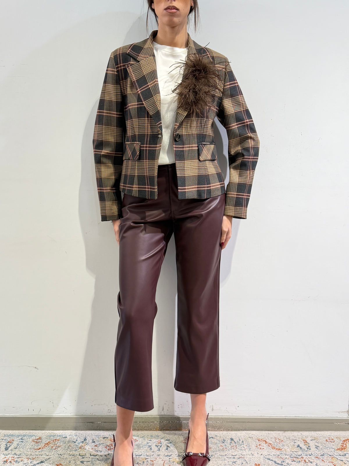 Motel - Giacca check beige grigio e bordeaux
