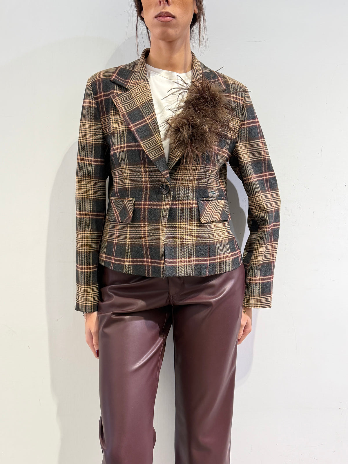 Motel - Giacca check beige grigio e bordeaux