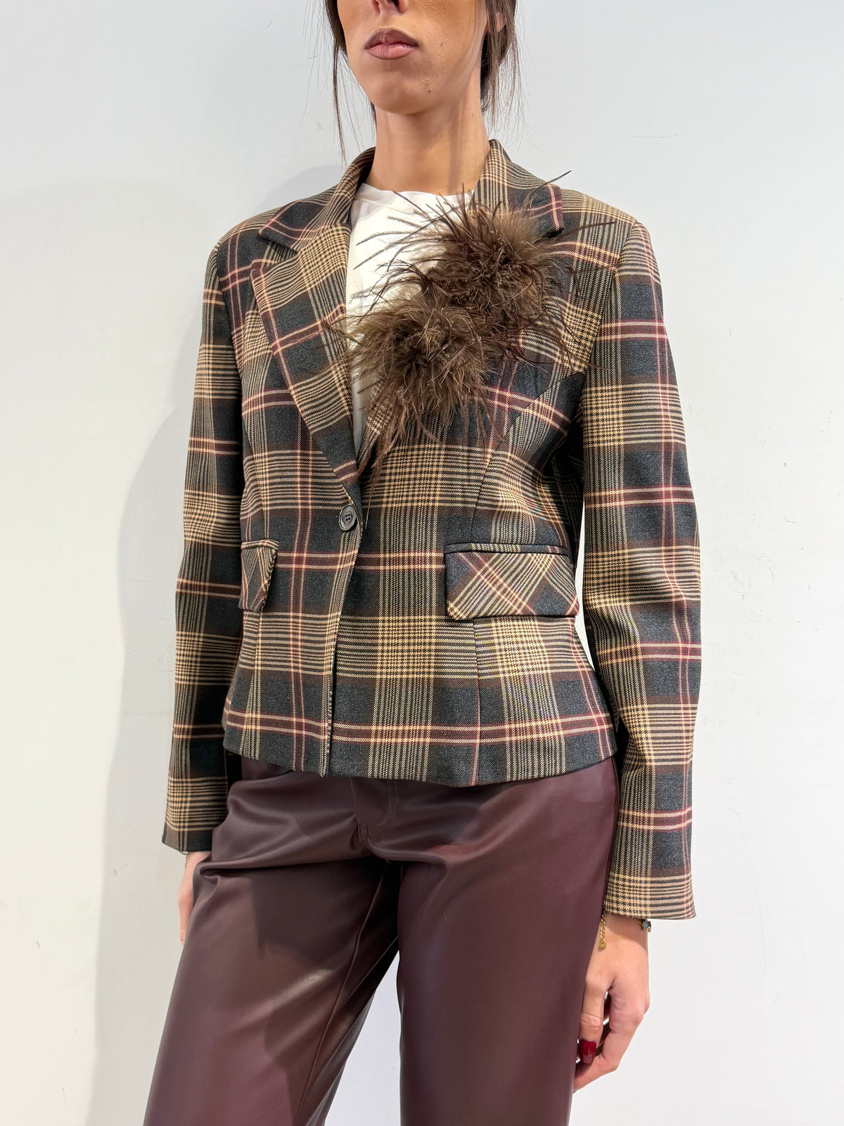 Motel - Giacca check beige grigio e bordeaux