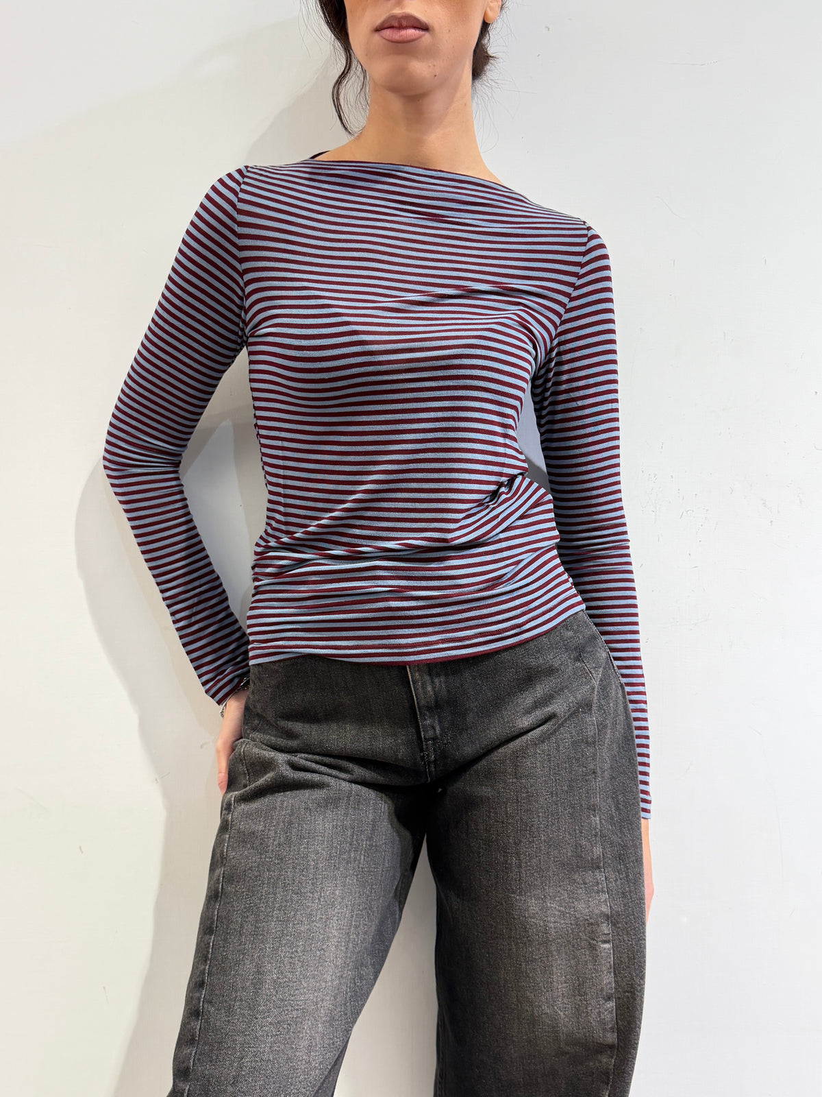 Haveone - T-Shirt righe scollo a barca celeste e bordeaux