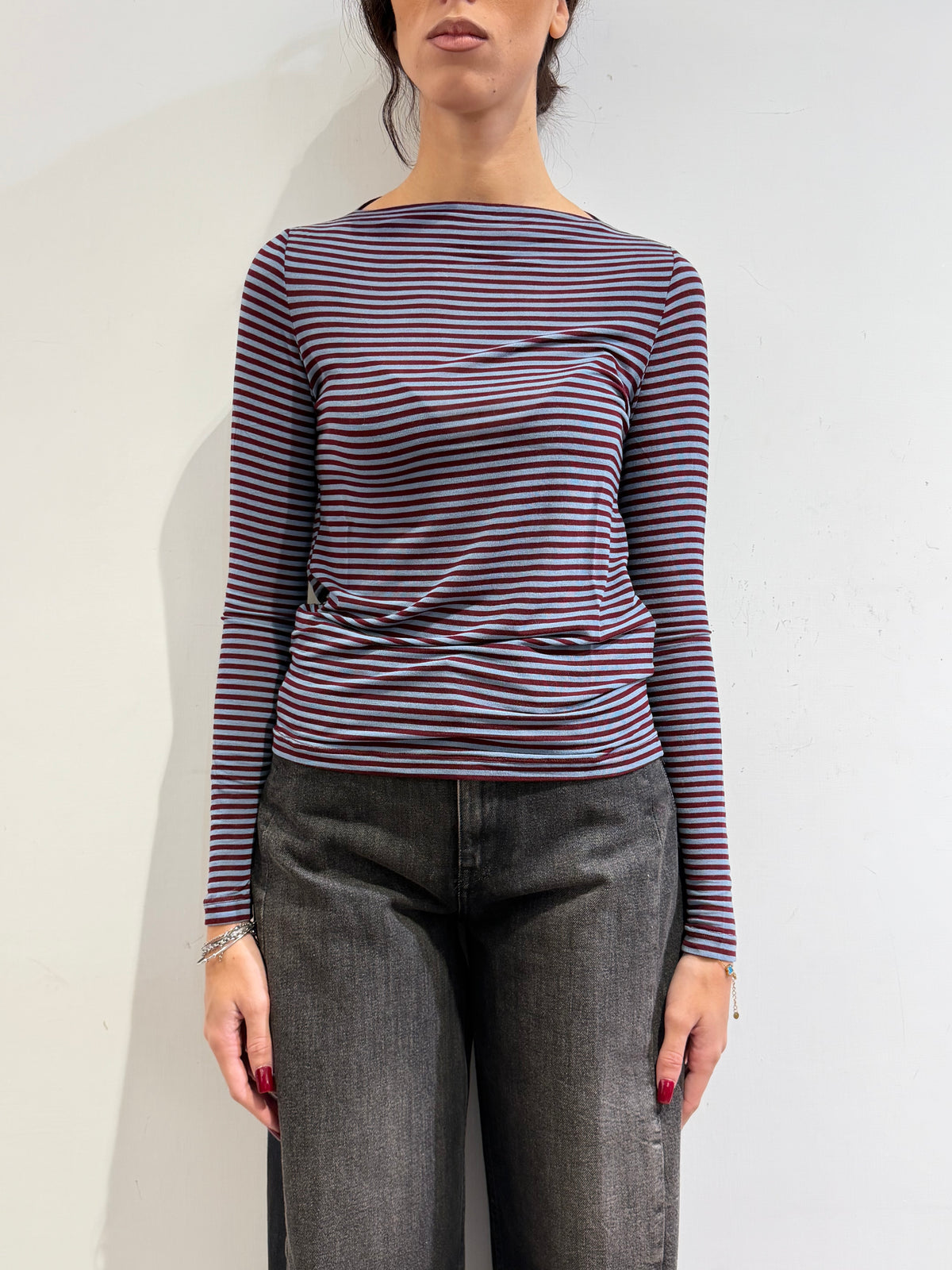 Haveone - T-Shirt righe scollo a barca celeste e bordeaux