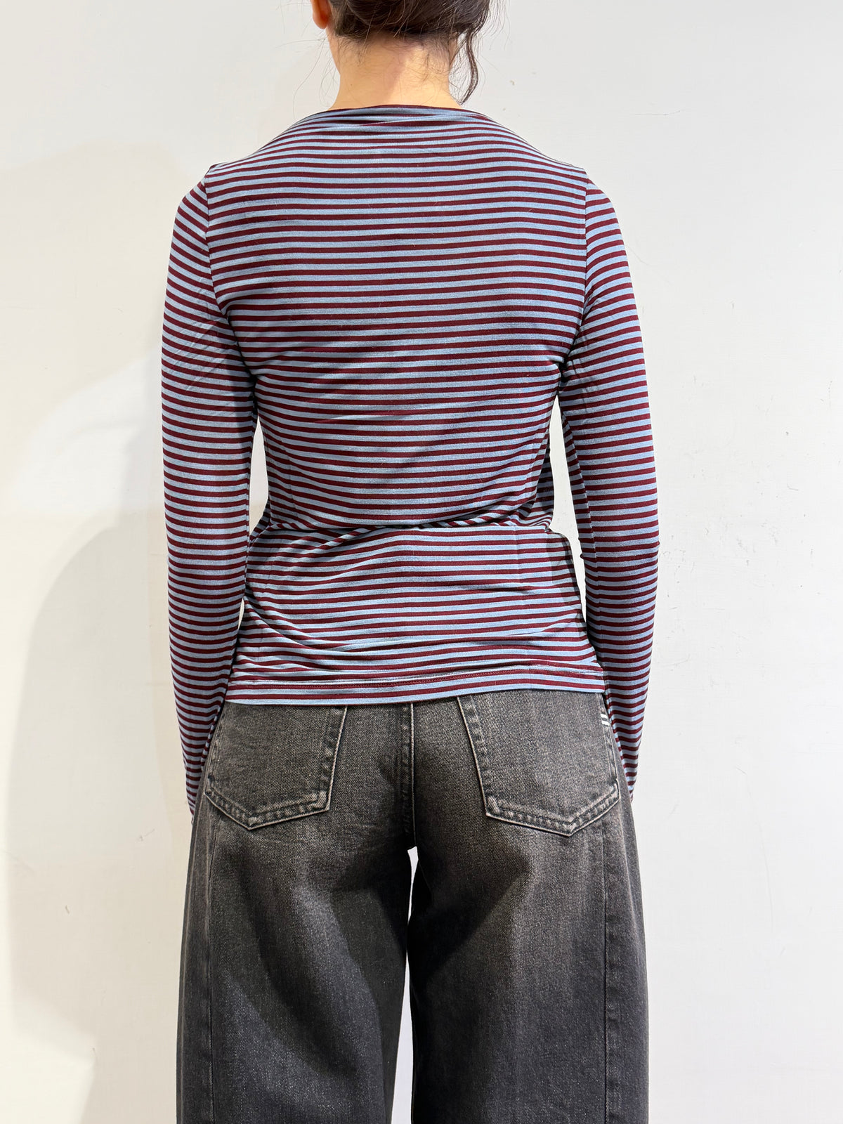 Haveone - T-Shirt righe scollo a barca celeste e bordeaux