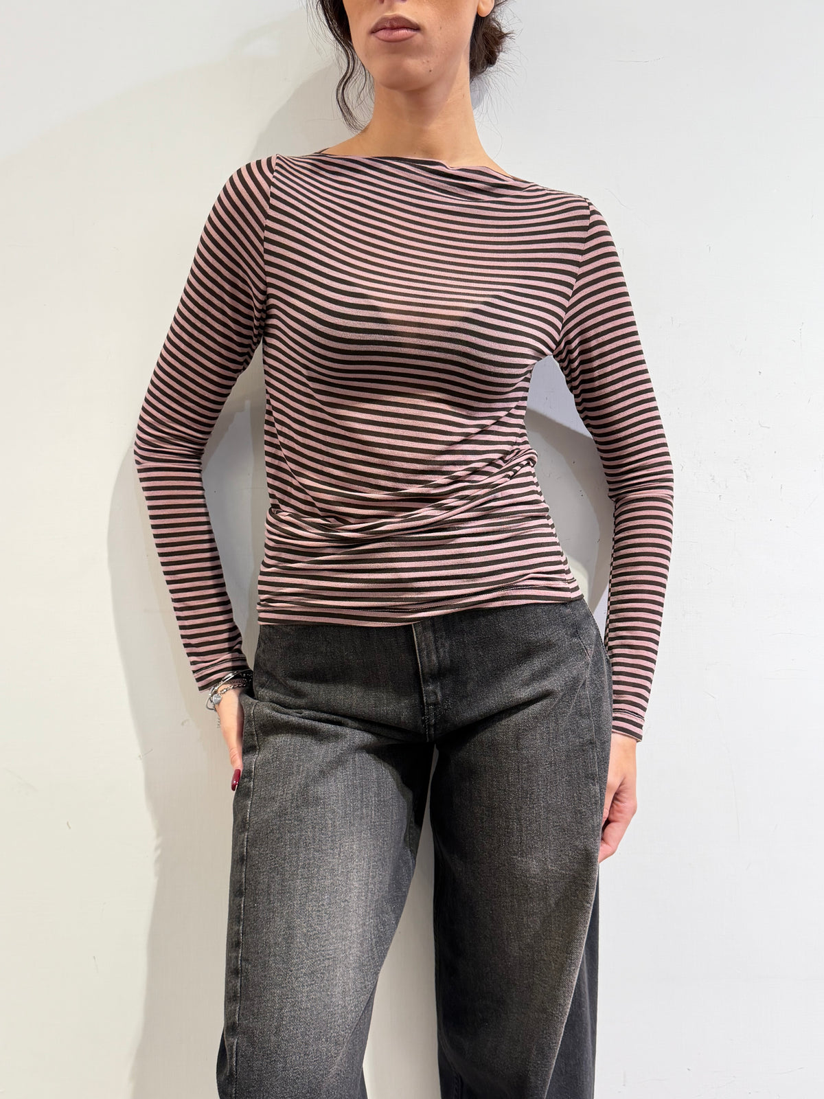 Haveone - T-Shirt scollo a barca rosa e moro