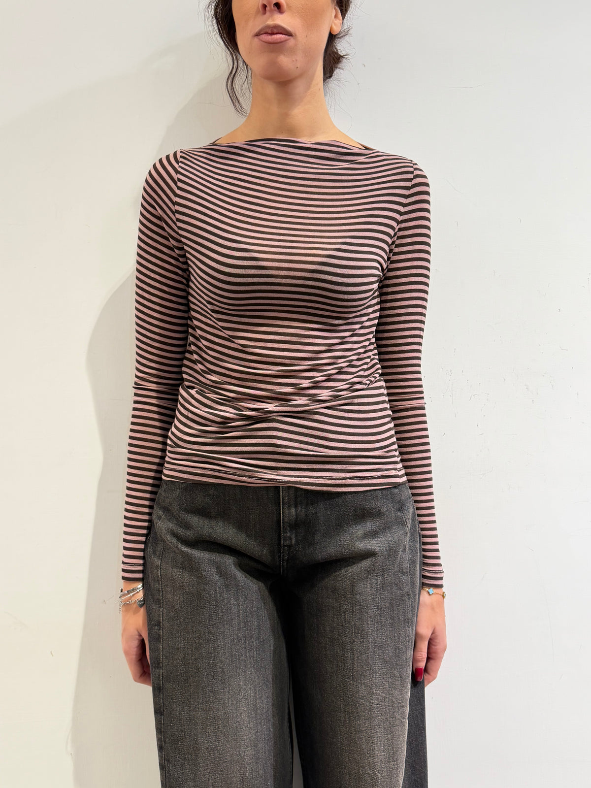 Haveone - T-Shirt righe scollo a barca rosa e bordeaux