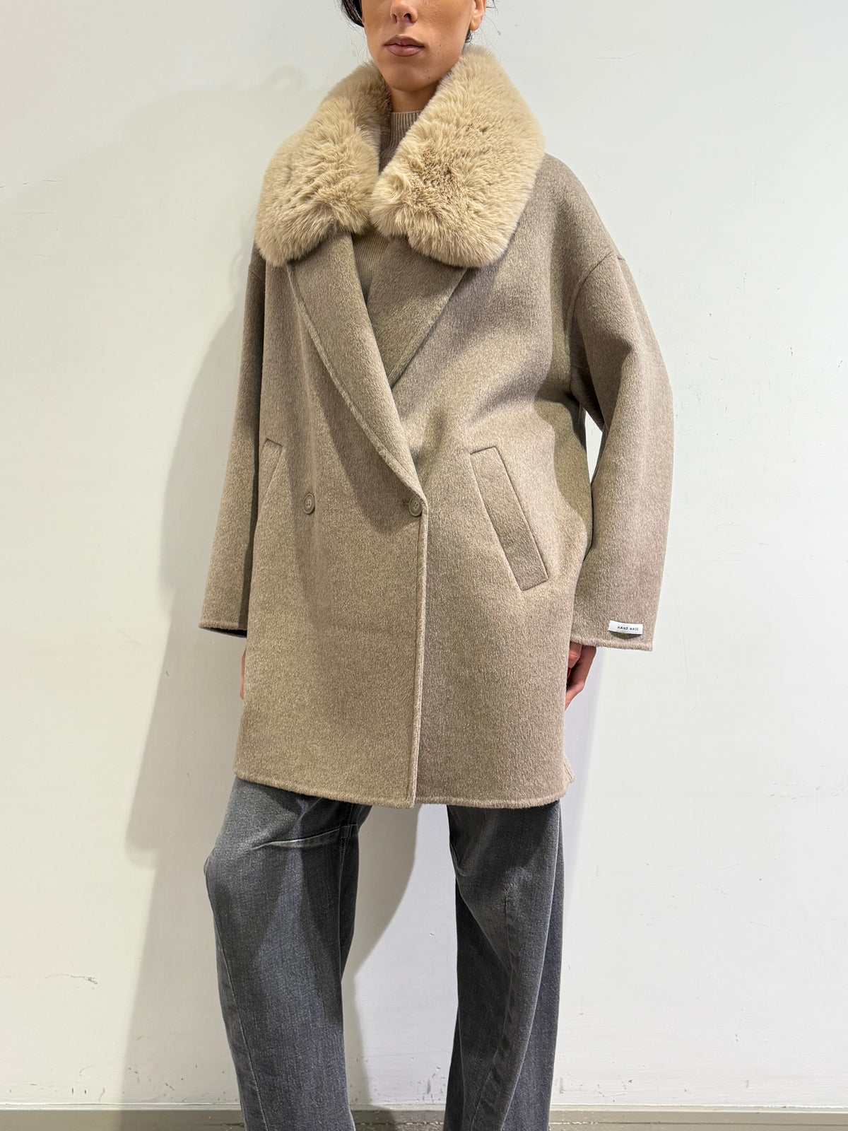 Haveone - Cappotto doppio petto con collo pelliccia casha’