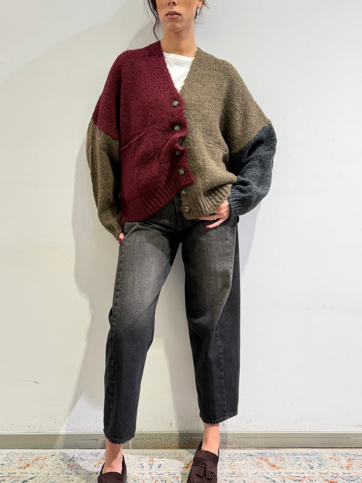 Dixie - Cardigan con tasche fango bordeaux e grigio