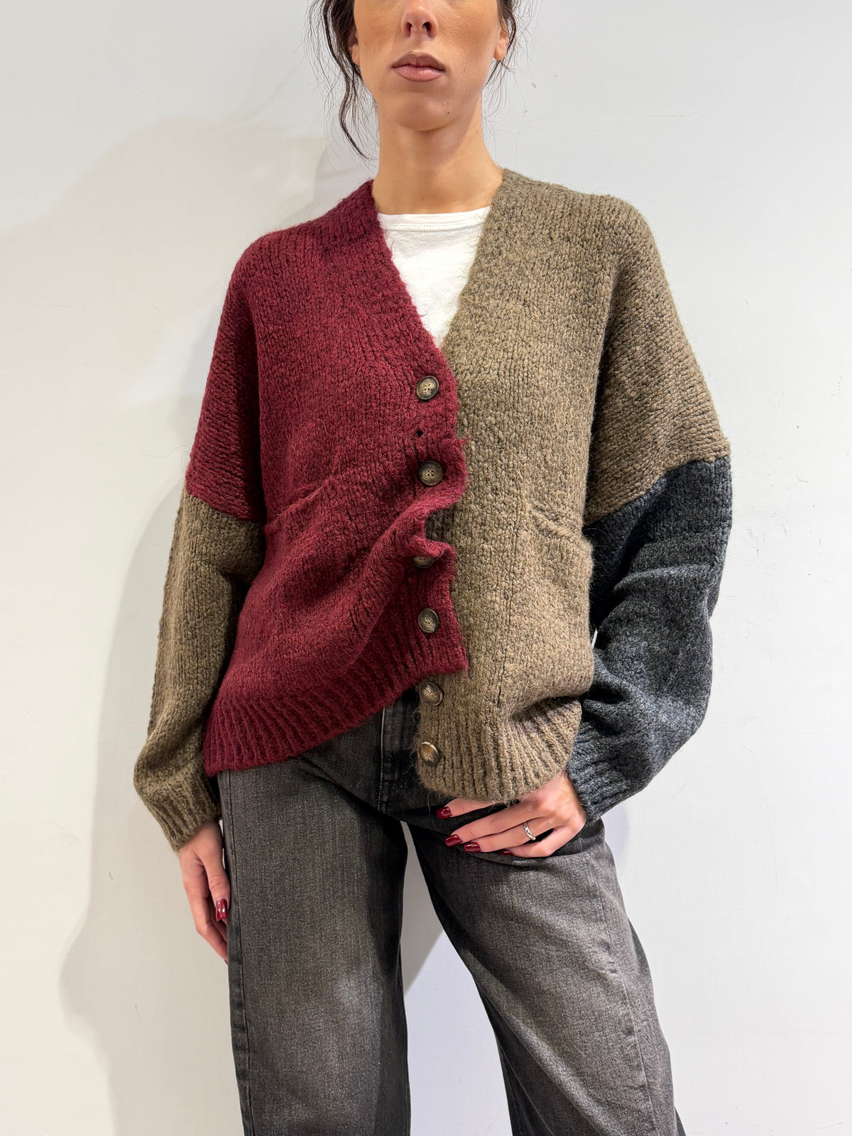 Dixie - Cardigan con tasche fango bordeaux e grigio