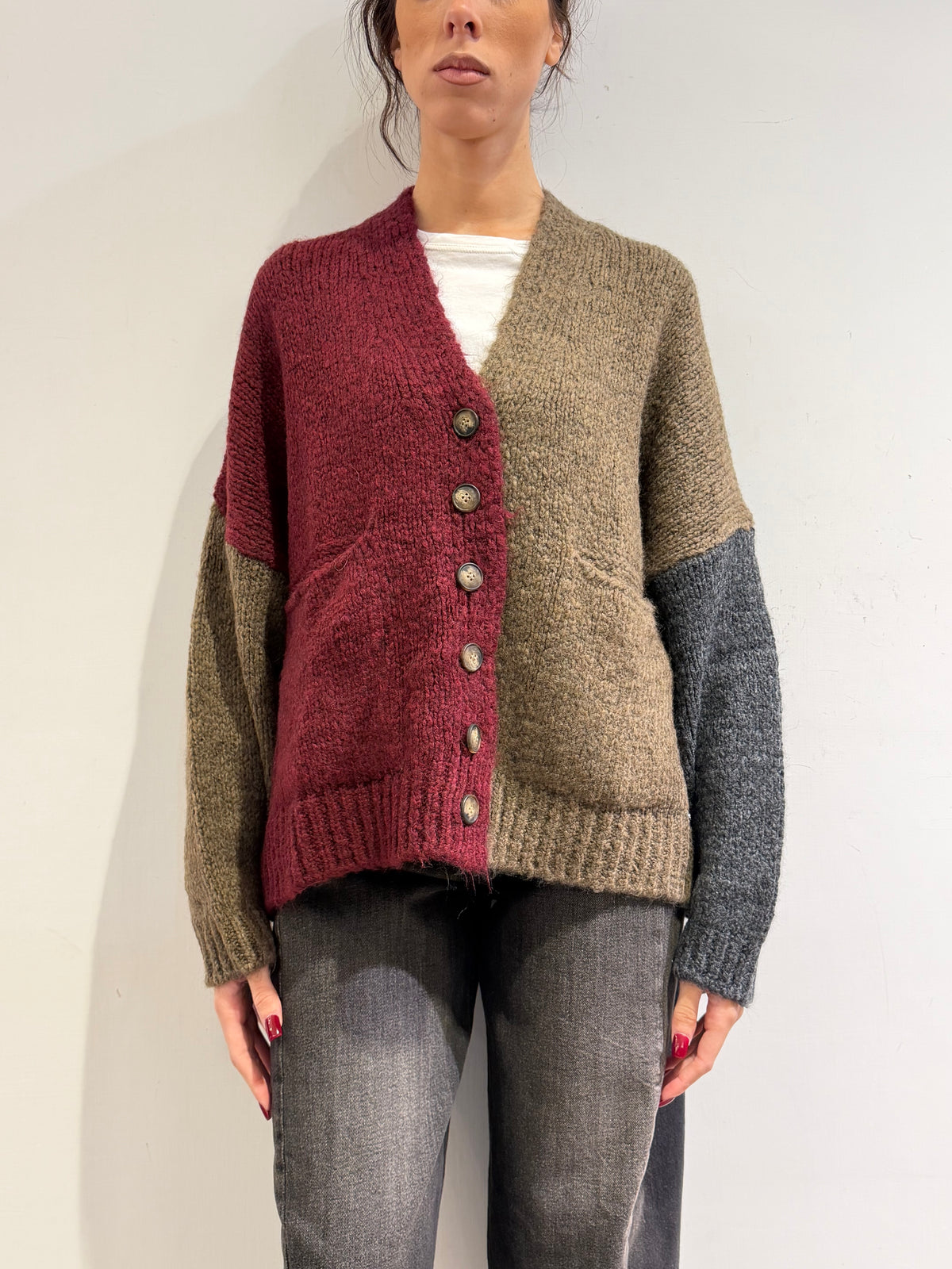 Dixie - Cardigan con tasche fango bordeaux e grigio