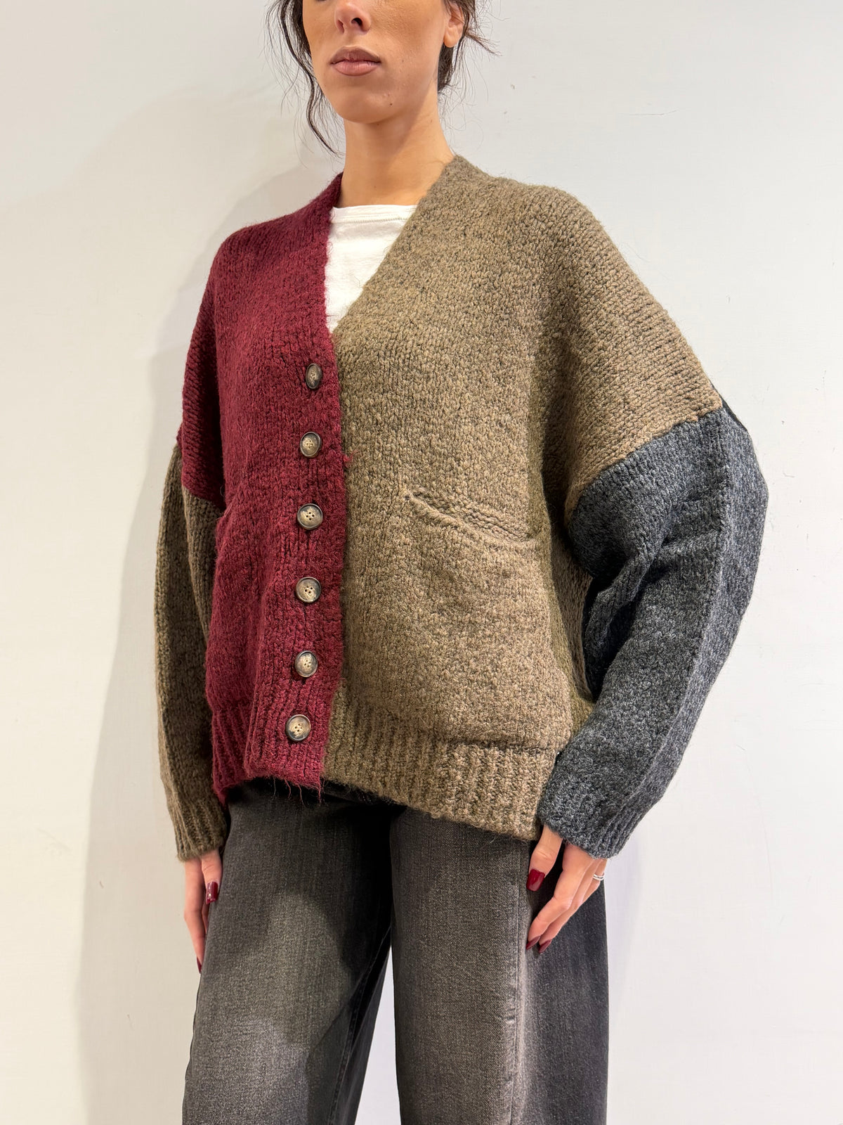 Dixie - Cardigan con tasche fango bordeaux e grigio