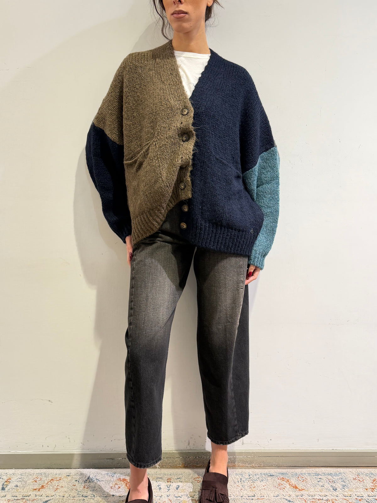 Dixie - Cardigan con tasche fango blu e turchese