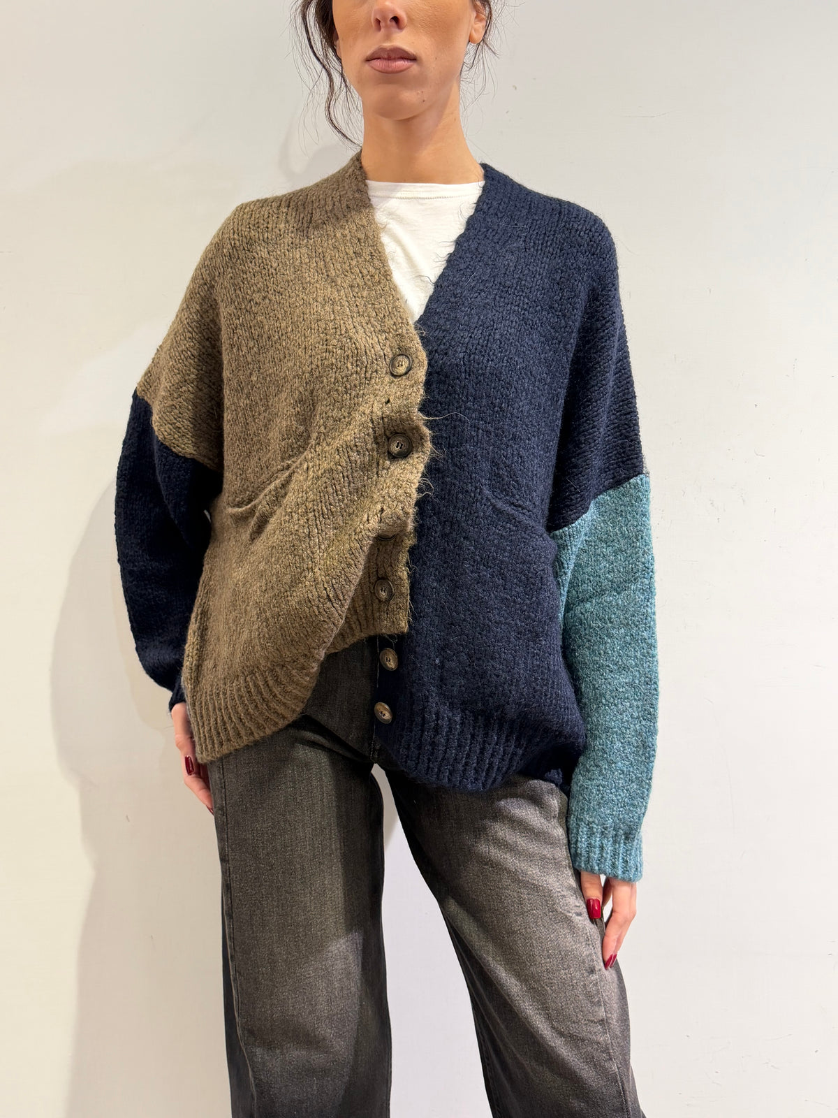 Dixie - Cardigan con tasche fango blu e turchese