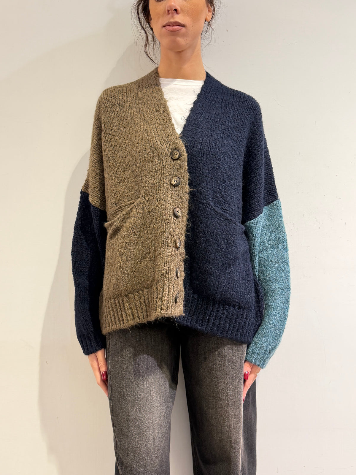 Dixie - Cardigan con tasche fango blu e turchese
