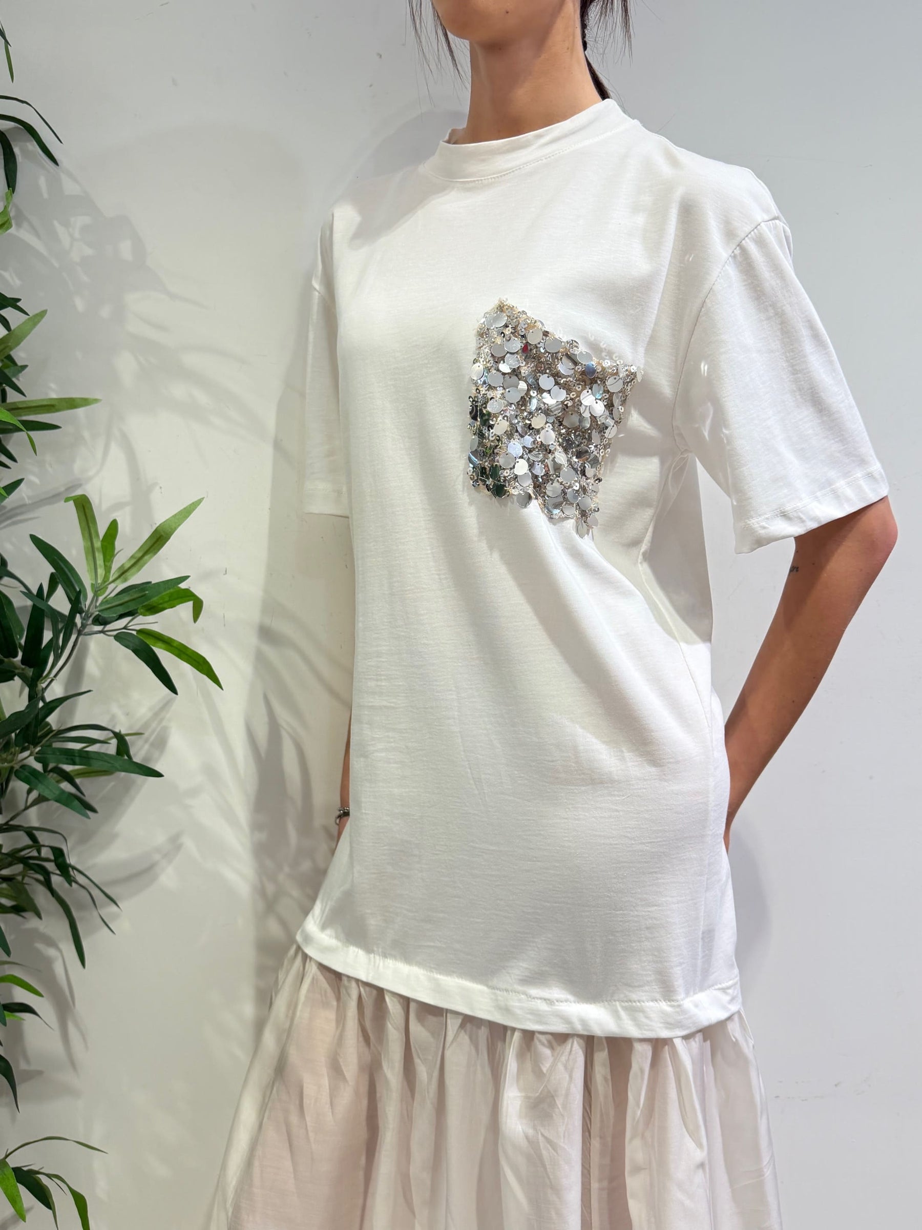 Tensione In - Vestito doppio tessuto con tasca paillettes bianco
